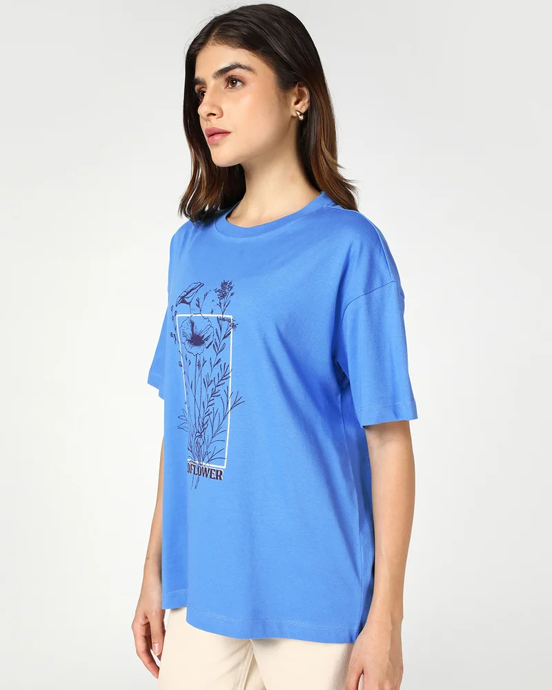 بيواكوف Women's Azure Blue Wild Flower Graphic Printed Oversized T-shirt